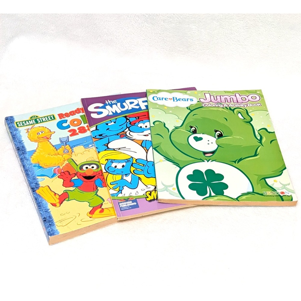 Y2K Kids Coloring Book Lot Smurfs Care Bears Sesame Street Activity Books Bundle